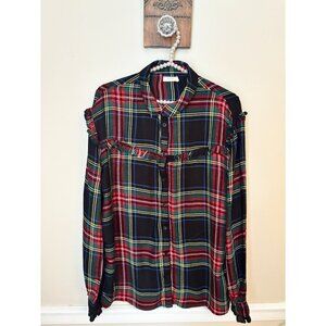 Harper Heritage Womens Size Small Black Red Plaid Long Sleeve Blouse Ruffles